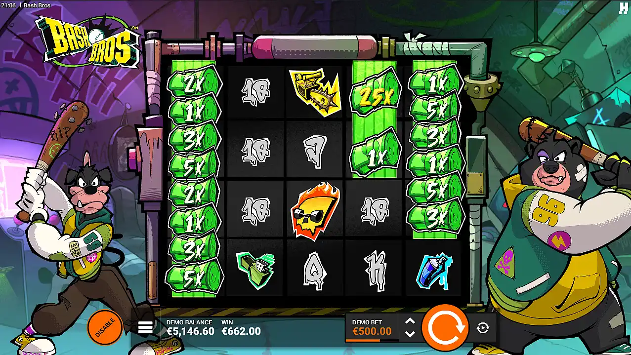 Buying the  bonus feature Staked Feature Spins on the Bash Bros slot machine screenshot