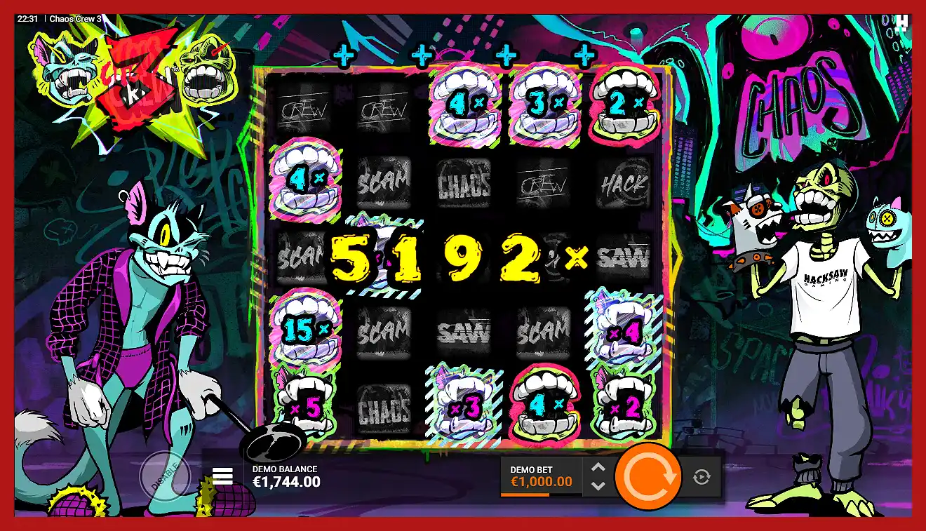 Big Win on Chaos Crew 3 slot machine 5,192x my bet screenshot