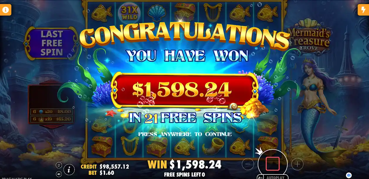 Bigger Win on Mermaid's Treasure Trove free slot screenshot