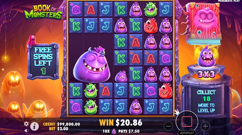 Screenshot of playing free spins in Book of Monsters slot machine