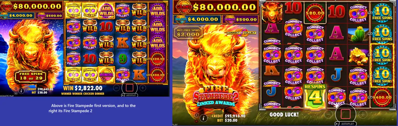 Screenshots of Fire Stampede and Fire Stampede 2 slot versions for compare