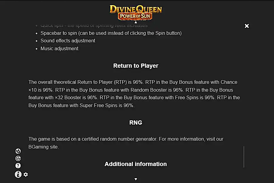 Screenshot from Divine Queen Power of Sun Calculator game rules showing correct RTP