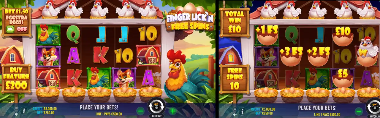 Two Screenshots of Finger Lickn Free Spins slot machine