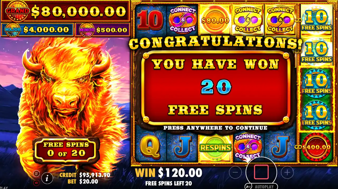 Screenshot pf Fire Stampede 2 free spins win