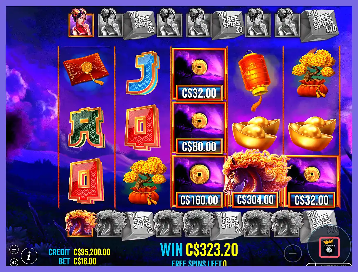 Playing the super free spins in Floating Dragon Wild Horses slot machine screenshot