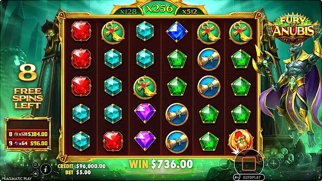 Playing the free spins on Fury of Anubis slot machine with a multiplier of 256x bet