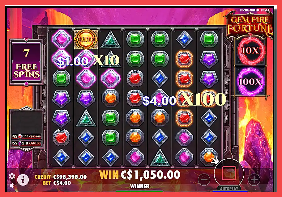 Screenshot of playing the Gem Fire Fortune slot machine free spins