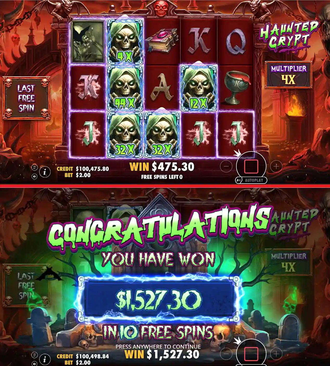 Playing the slot machine Haunted Crypt free spins, and screenshot of my big win