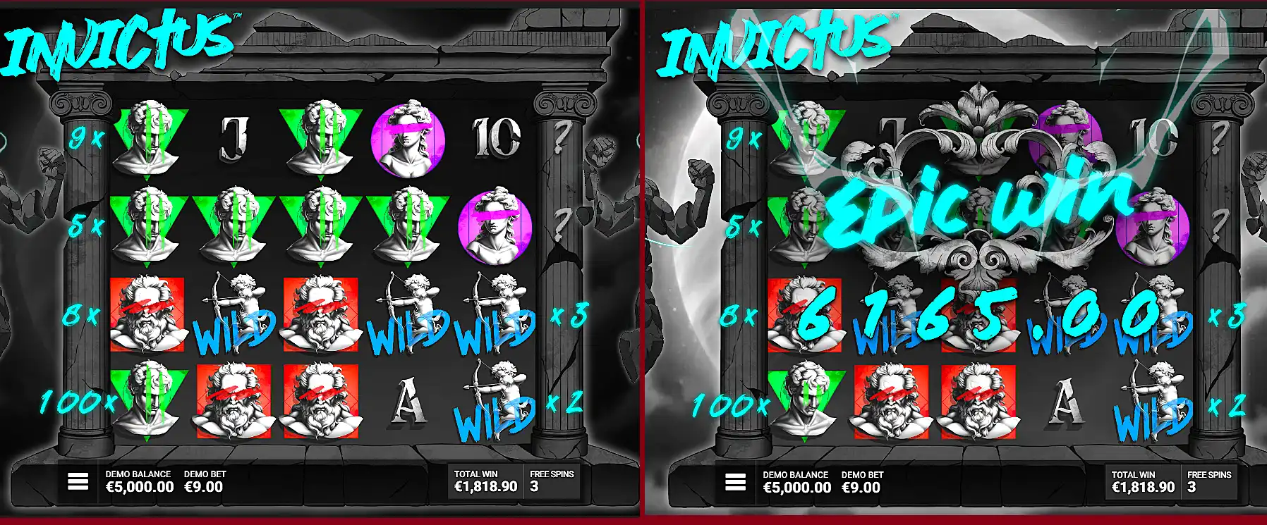 Two Screenshots of Invictus slot machine free spins bonus where one shows my big win
