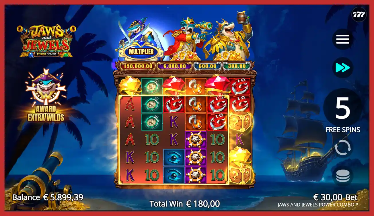 Winning the free spins in Jaws and Jewels Power Combo slot machine