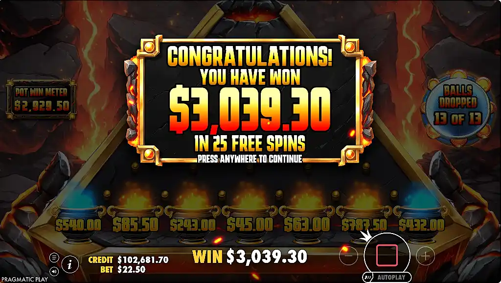 My bigger win on Lava Balls after 25 free spins screenshot
