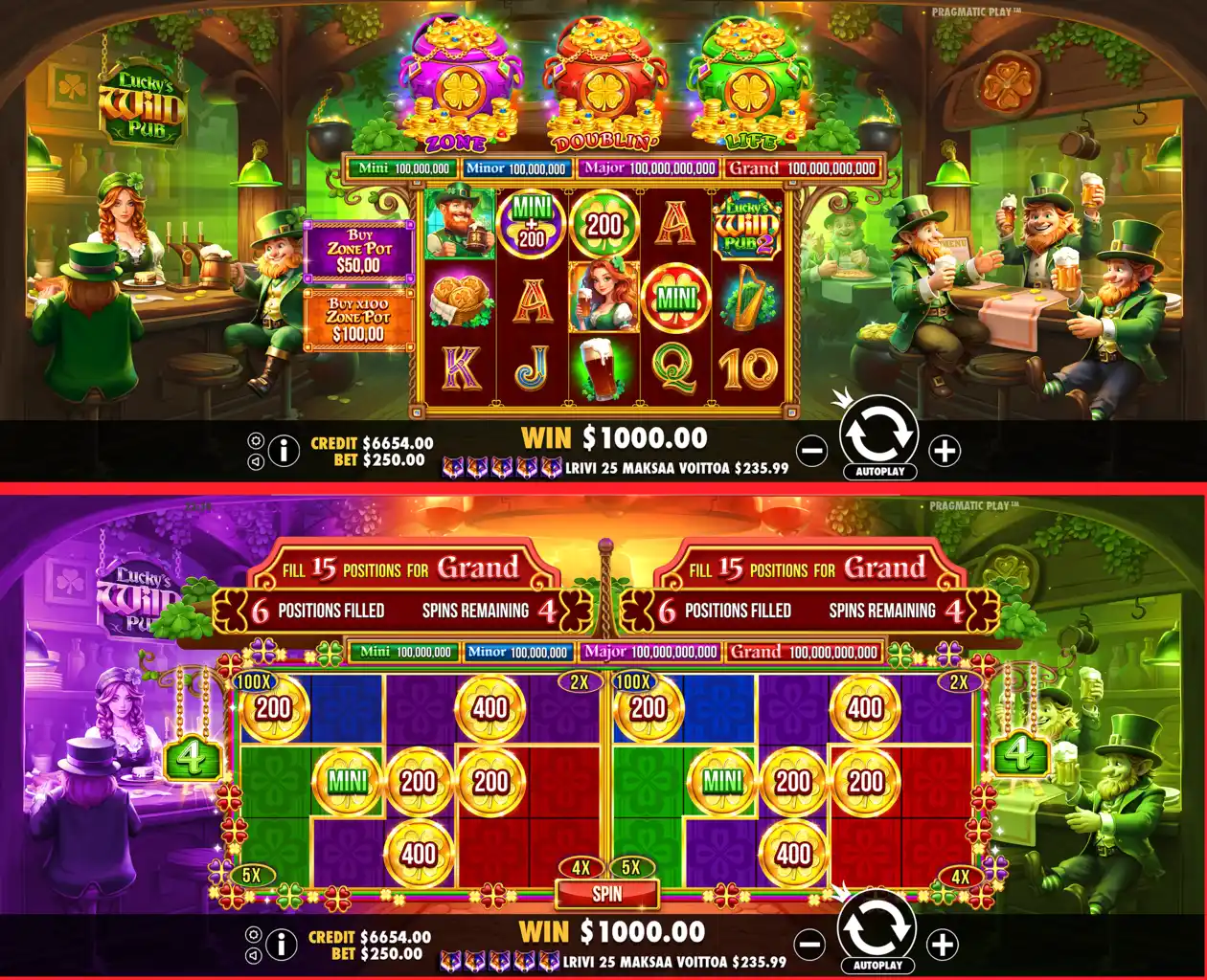 Two screenshots of Luckys Wild Pub 2 slot machine, one showing main game and next showing the respin bonus game