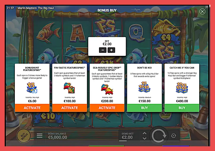 Screenshot of Marlin Masters The Big Haul showing the five buy bonus options