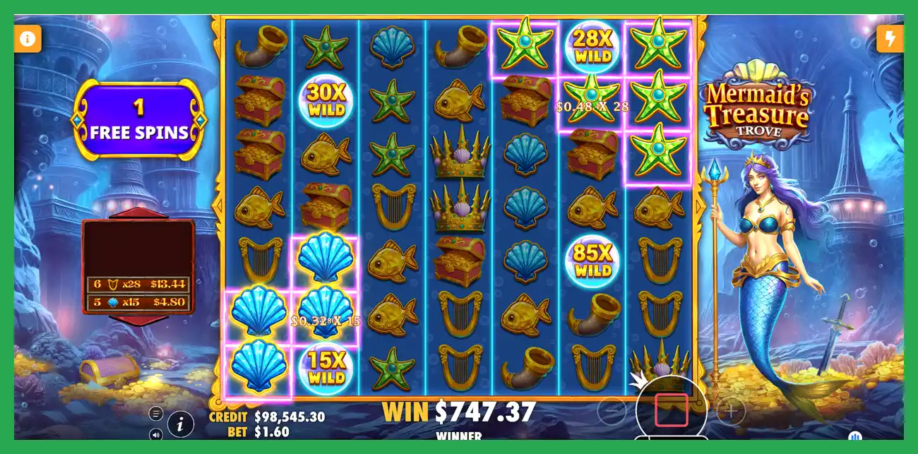 Playing Mermaids Treasure Trove slot machine super free spins