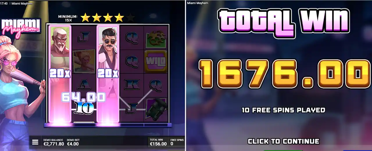 Two screenshots of Miami Mayhem 1s showing free spins and 2nd showing big win