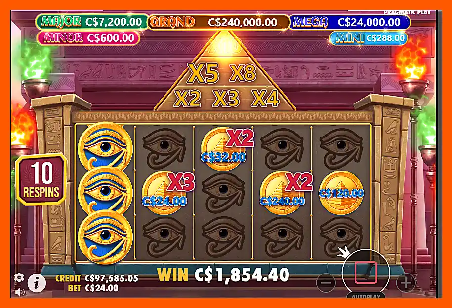 Screenshot of Mummy’s Jewels slot machine respin feature