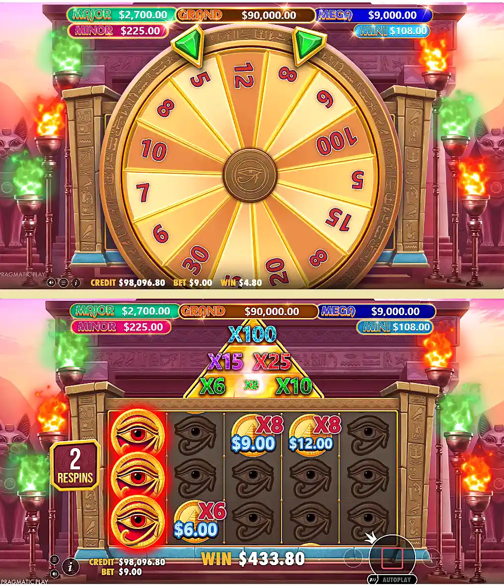 Two screenshots of Playing the Mummys Jewels100 respin bonus game