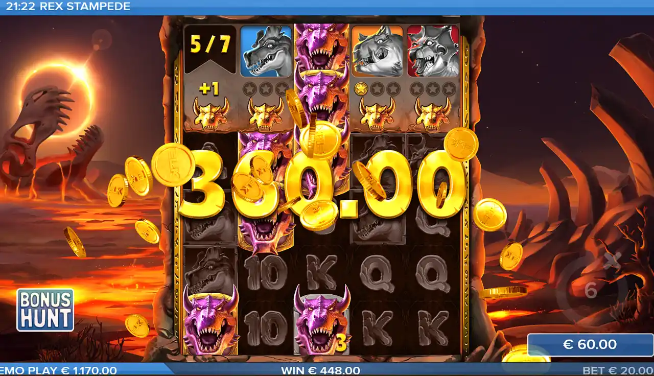 Screenshot of a bigger win playing Rex Stampede slot game