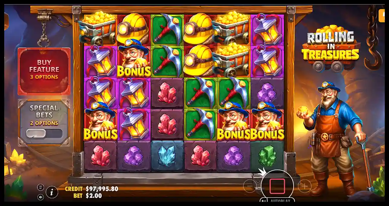 I am playing the Rolling in Treasures slot machine free spins screenshot