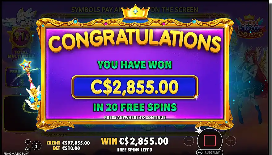 Bigger win in Starlight Princess Super Scatter demo slot free spins screenshot