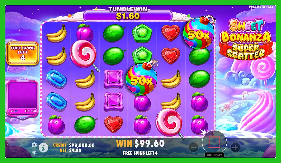 Screenshot of Sweet Bonanza Super Scatter free spins and win