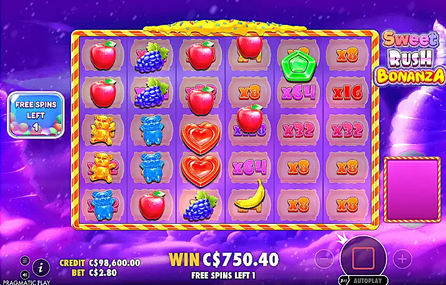 Sweet Rush Bonanza slot machine free spins screenshot
