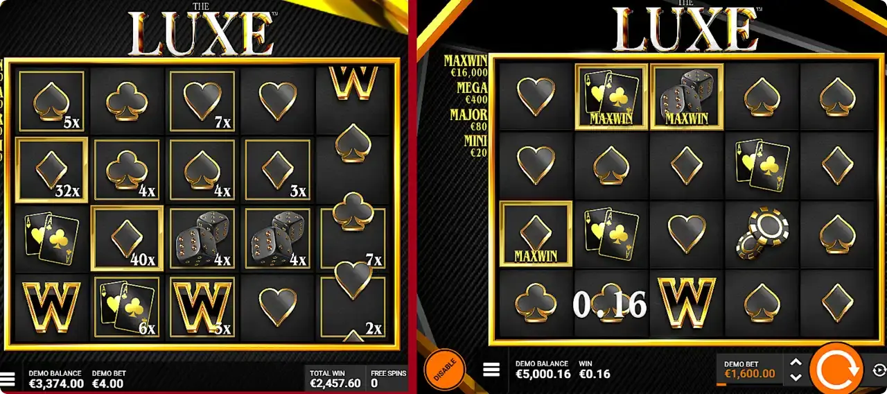 Two screenshots of The Luxe slot machine, one showing the free spins, and 2nd one showing the max win buy feature game