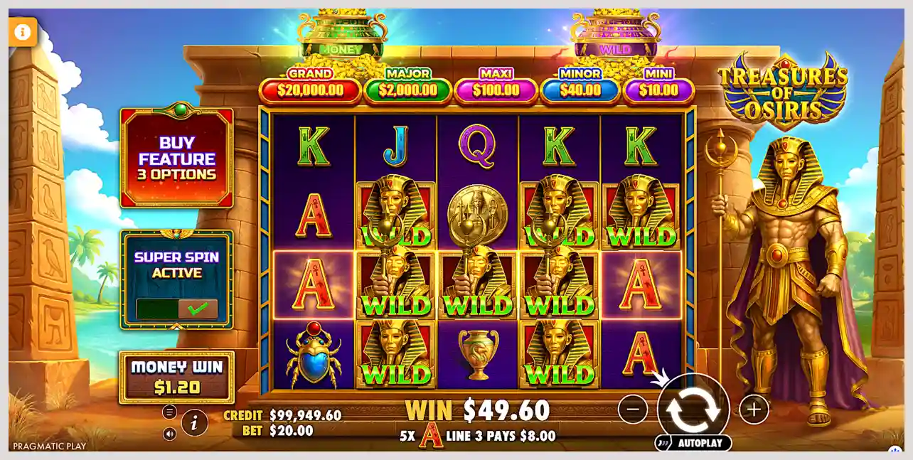Playing the game Treasures of Osiris slot machine screenshot