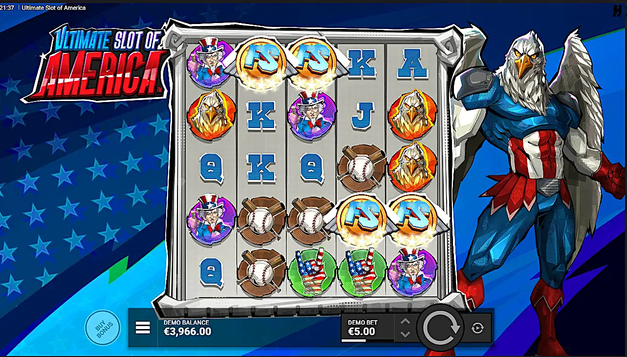 Screenshot of the Red, White, Bling! Free Spins Feature in Ultimate Slot of America