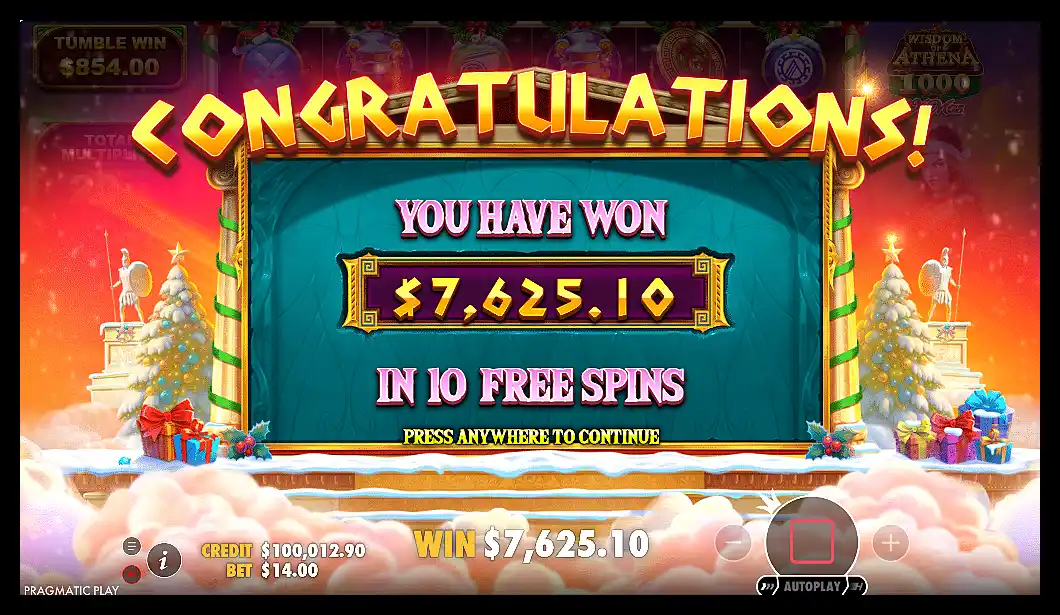 Big won on Wisdom of Athena 1000 Xmas online slots screenshot