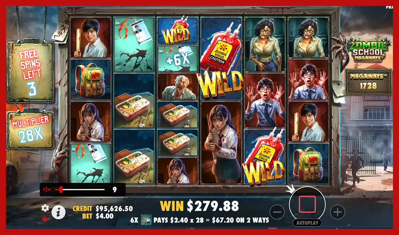 Screenshot of Zombie School Megaways slot machine free spins game