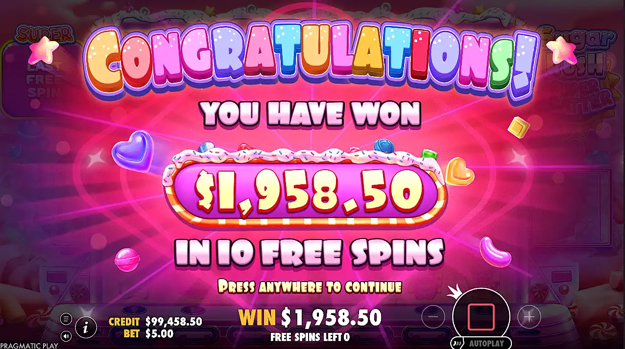My bigger win in Sugar Rush Super Scatter slot machine screenshot