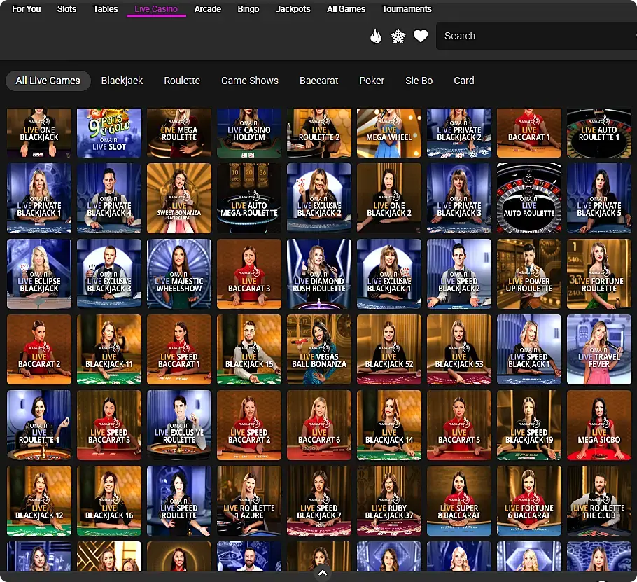 Live dealer Section at Jackpot city showing the different dealer games