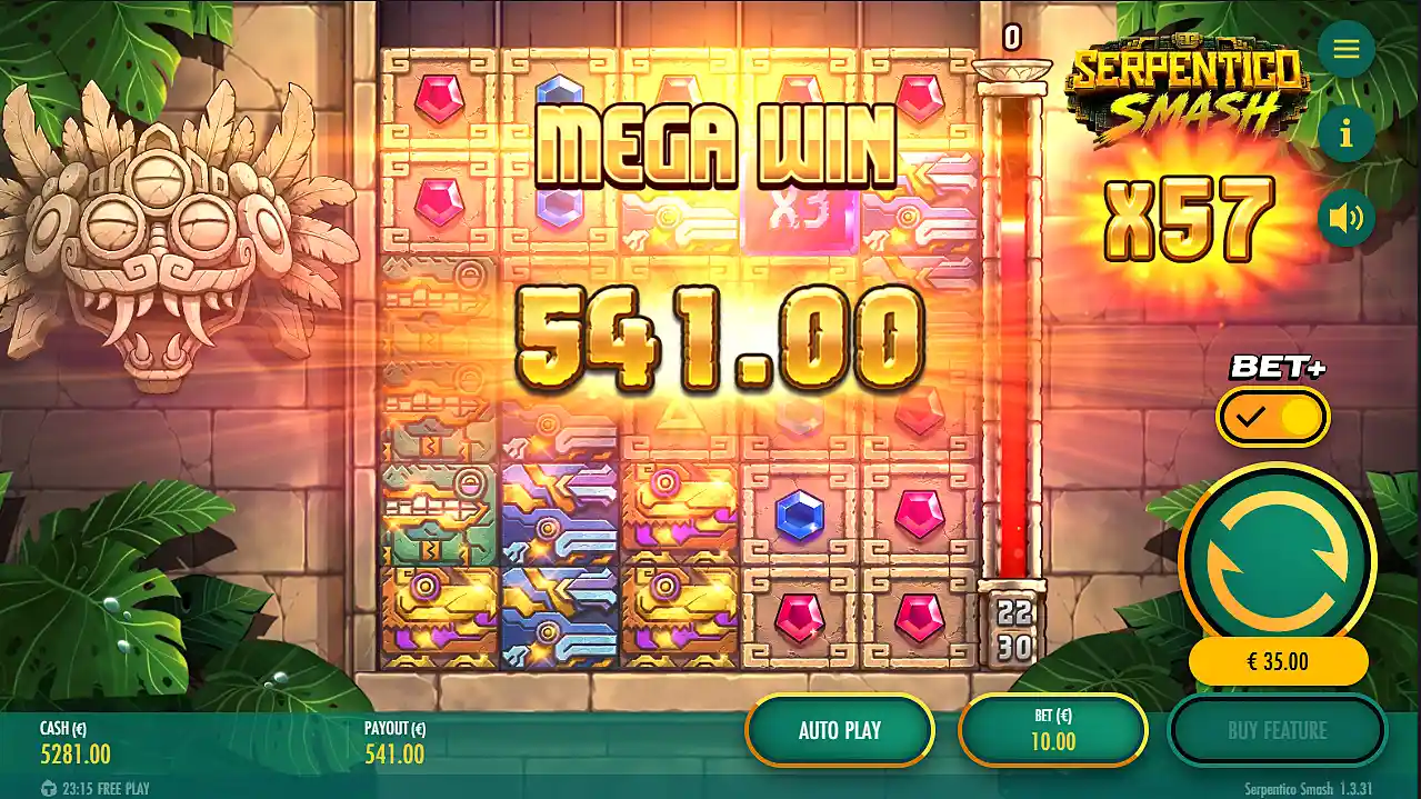 Screenshot of playing Serpentico Smash slot game and bigger win